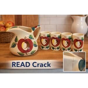 Vintage Purinton Apple Pitcher & 6 Tumblers Set USA READ Crack